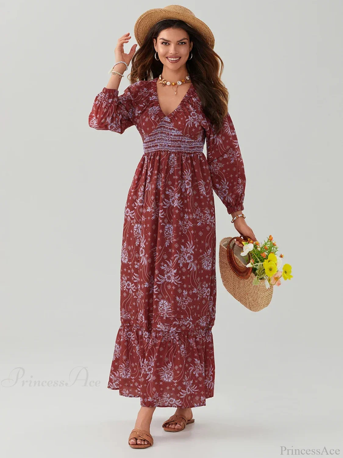 Bohemian Floral Print Puff Sleeve Swing Floral Dress RED2 / S floraldress-250126
