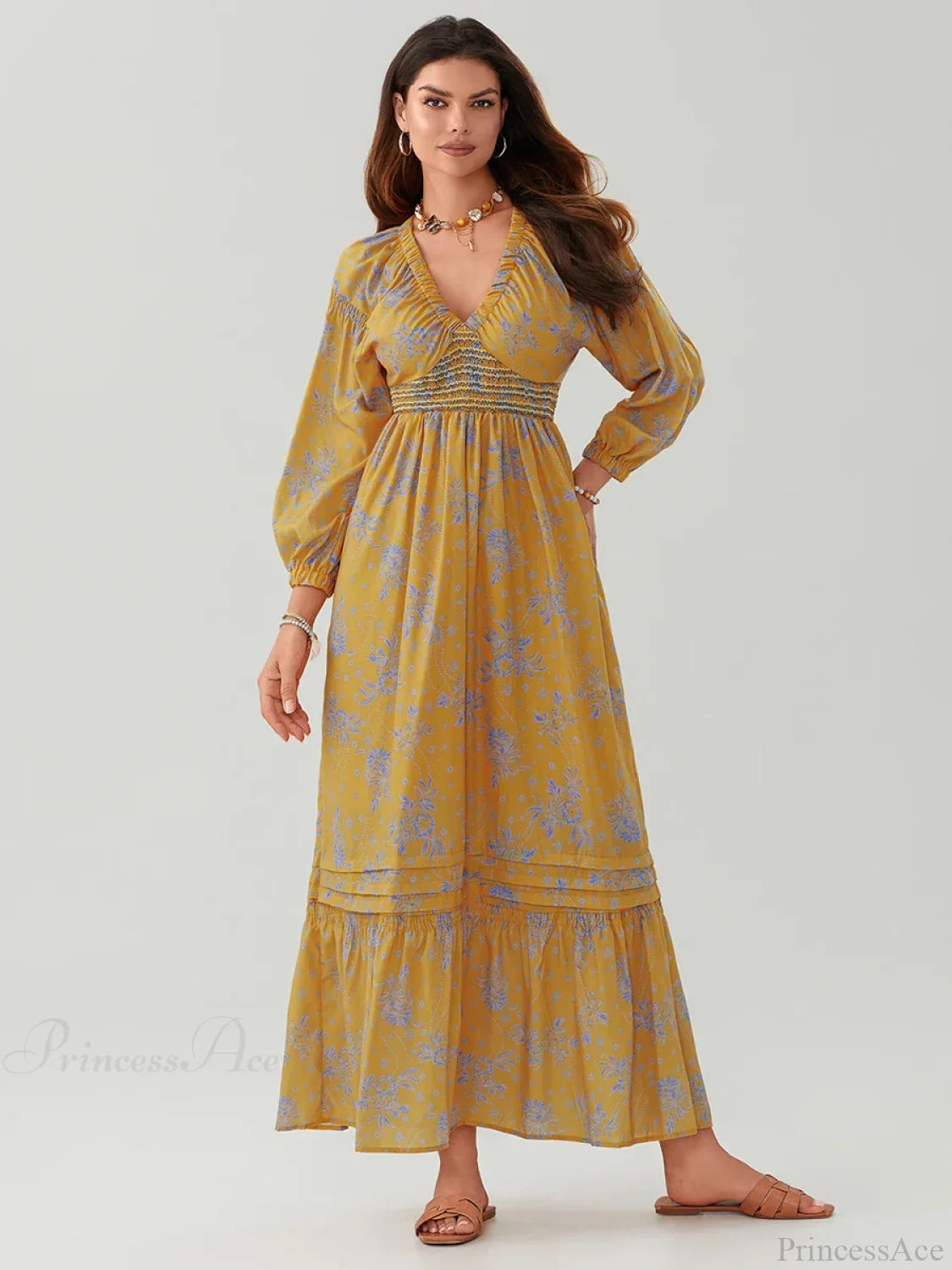Bohemian Floral Print Puff Sleeve Swing Floral Dress YELLOW / S floraldress-250126