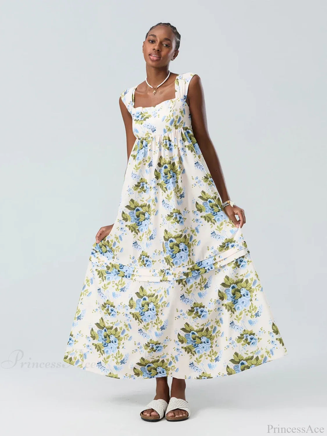 Bohemian Floral Tank Back Tied Square Neck Ruffle Flowy Floral Dress floraldress-250126