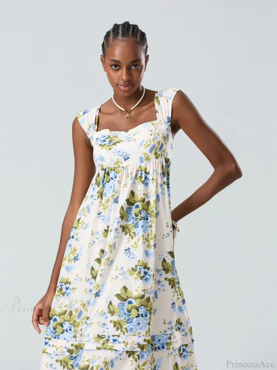 Bohemian Floral Tank Back Tied Square Neck Ruffle Flowy Floral Dress floraldress-250126