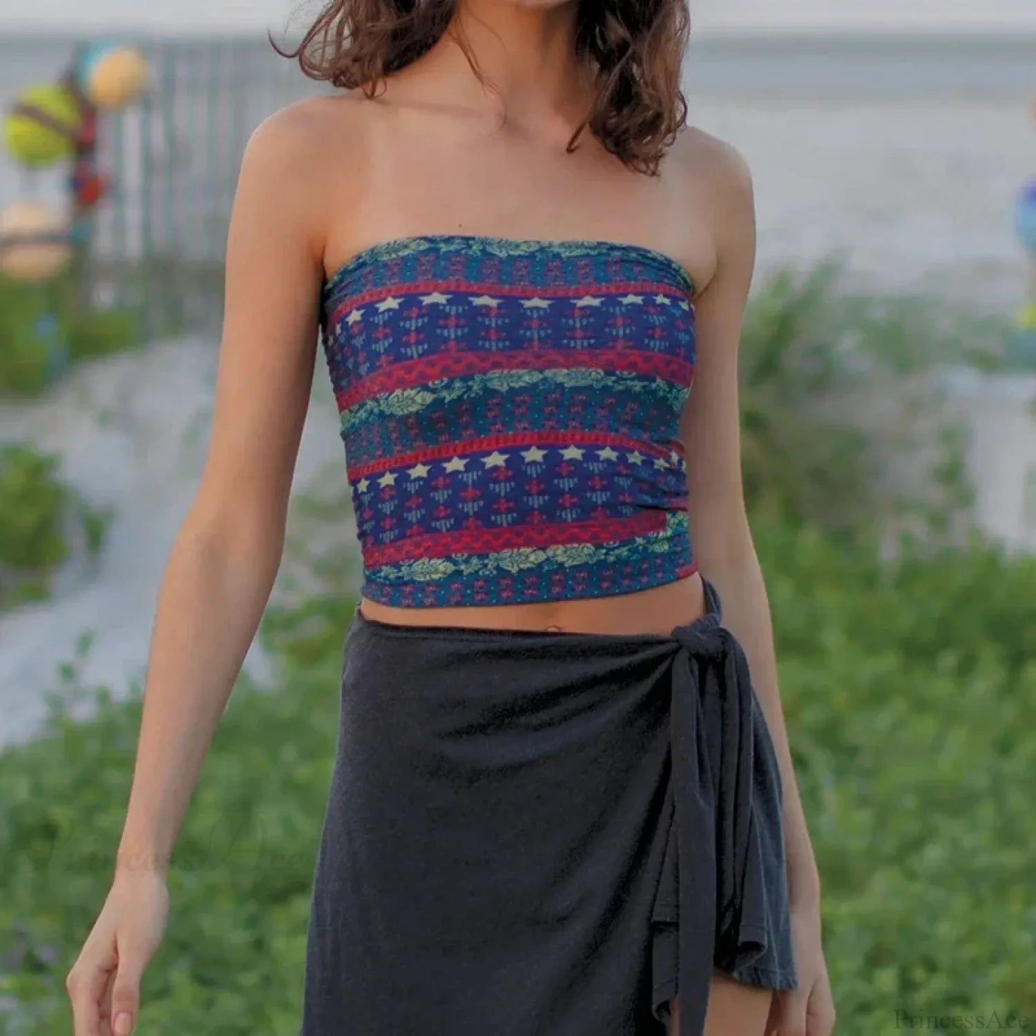 Boho Bandeau Off-Shoulder Tube Crop Top Blue / S croptop-250126
