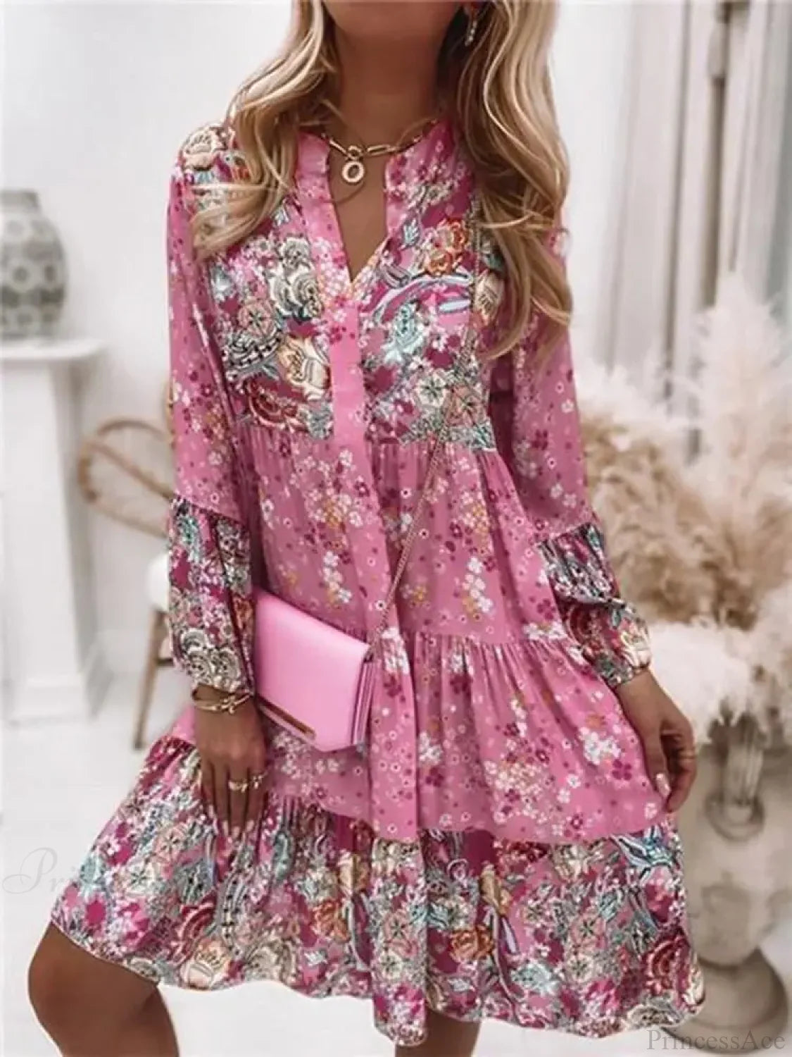 Boho Casual V-neck Loose A-line Floral Beach Party Dress Pink / S oldfloraldress-250126