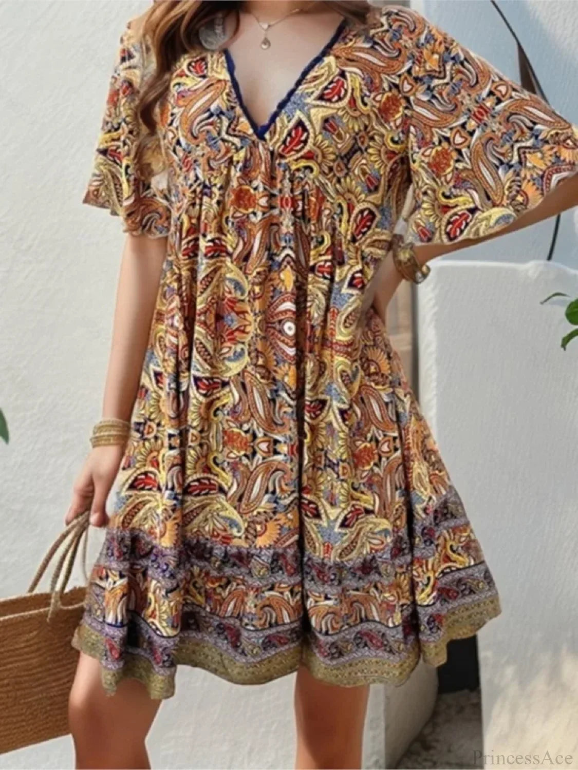 Boho Floral Mini V-neck Short Sleeve Beach Floral Dress oldfloraldress-250126