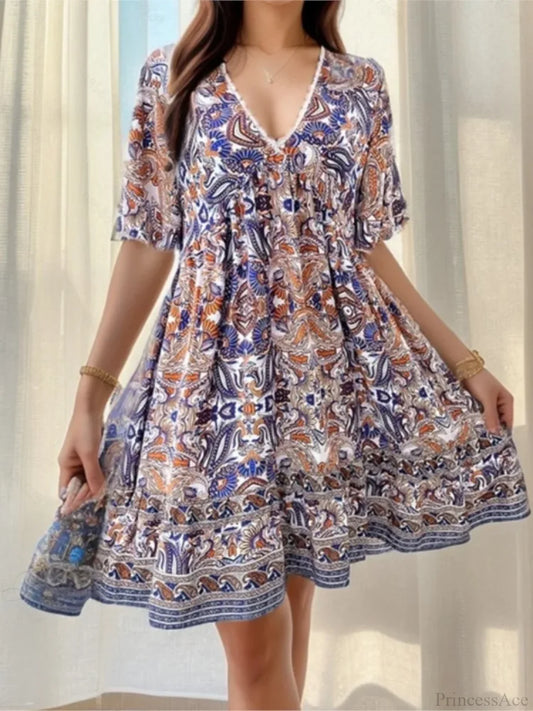 Boho Floral Mini V-neck Short Sleeve Beach Floral Dress oldfloraldress-250126