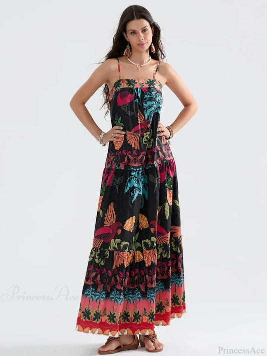 Boho Flowy Leaves Floral Ruched A-Line Floral Dress BLACK / S floraldress-250126