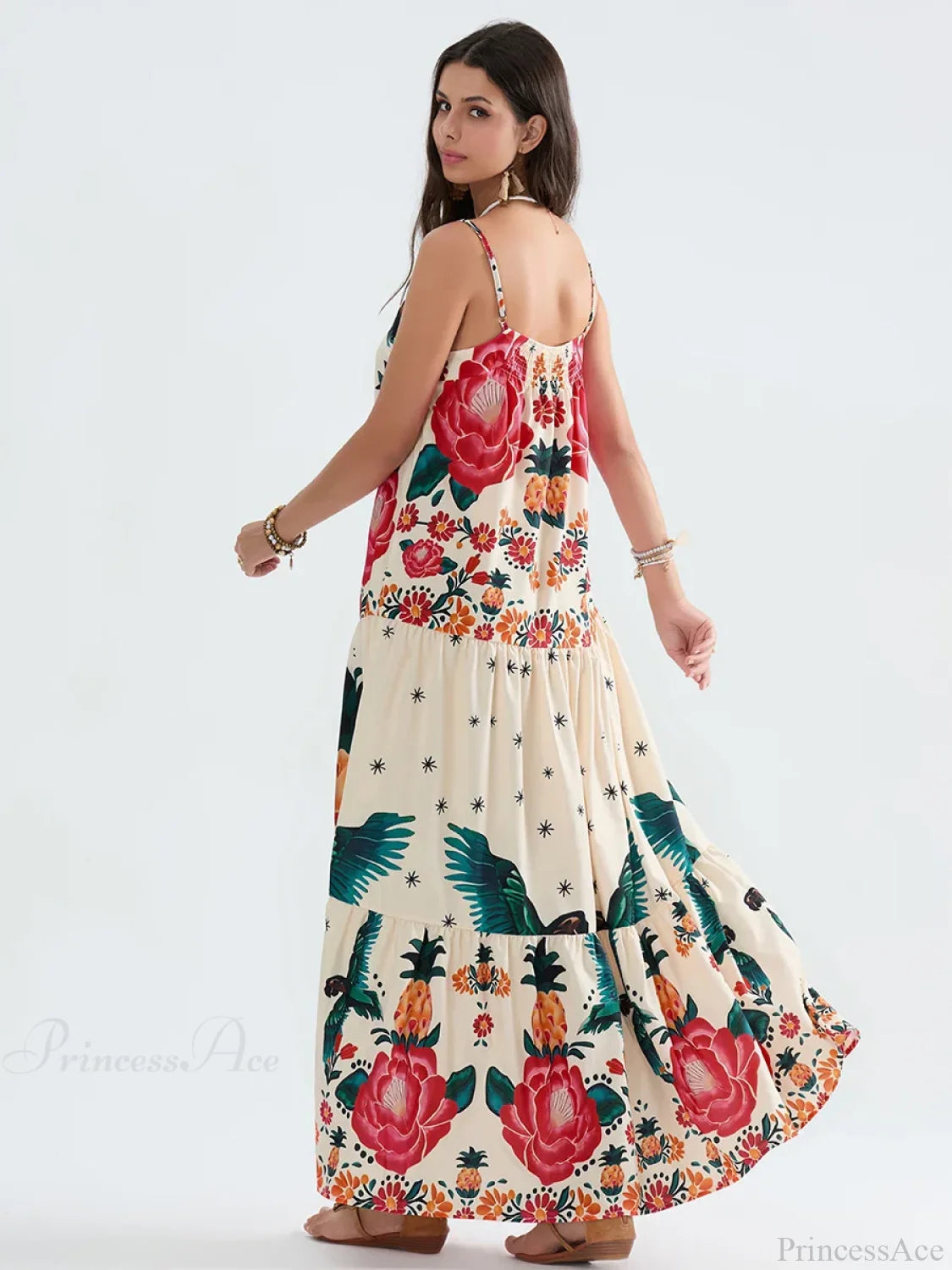 Boho Flowy Leaves Floral Ruched A-Line Floral Dress floraldress-250126