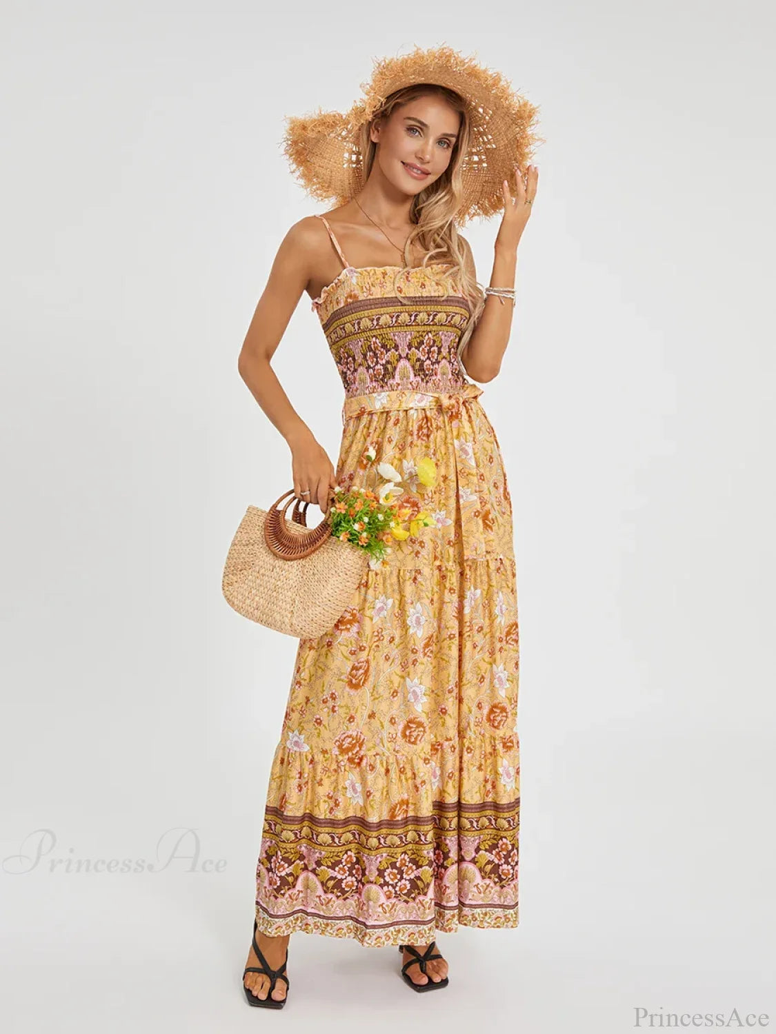 Boho Retro Floral Swing Spaghetti Straps Belted Long Floral Dress floraldress-250126
