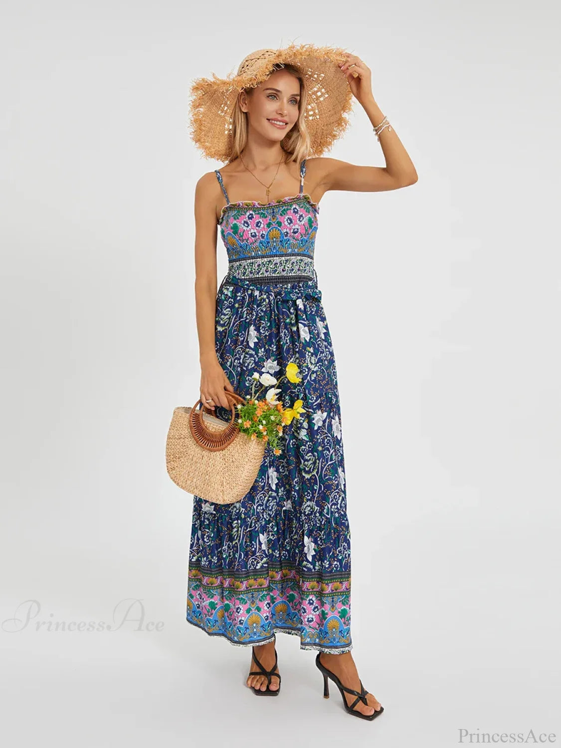 Boho Retro Floral Swing Spaghetti Straps Belted Long Floral Dress floraldress-250126