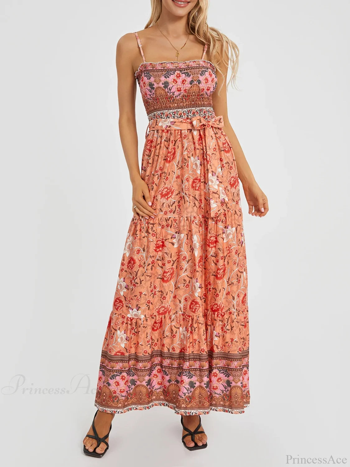 Boho Retro Floral Swing Spaghetti Straps Belted Long Floral Dress Orange / S floraldress-250126