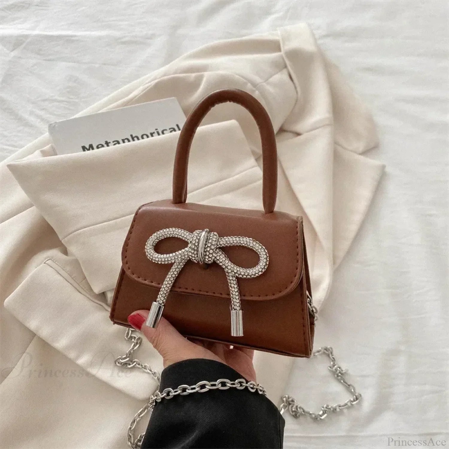 Bow Design Solid Color Mini PU Crossbody Brown crossbody-250126