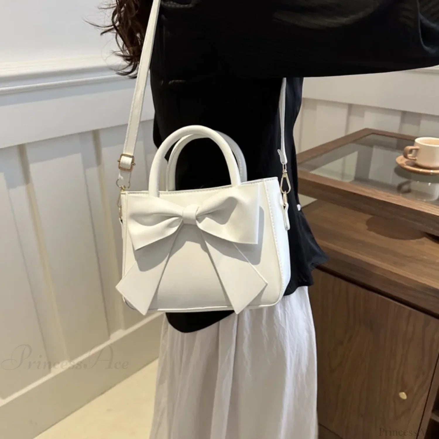 Bow PU Leather Solid Underarm Handbag handbag-250126