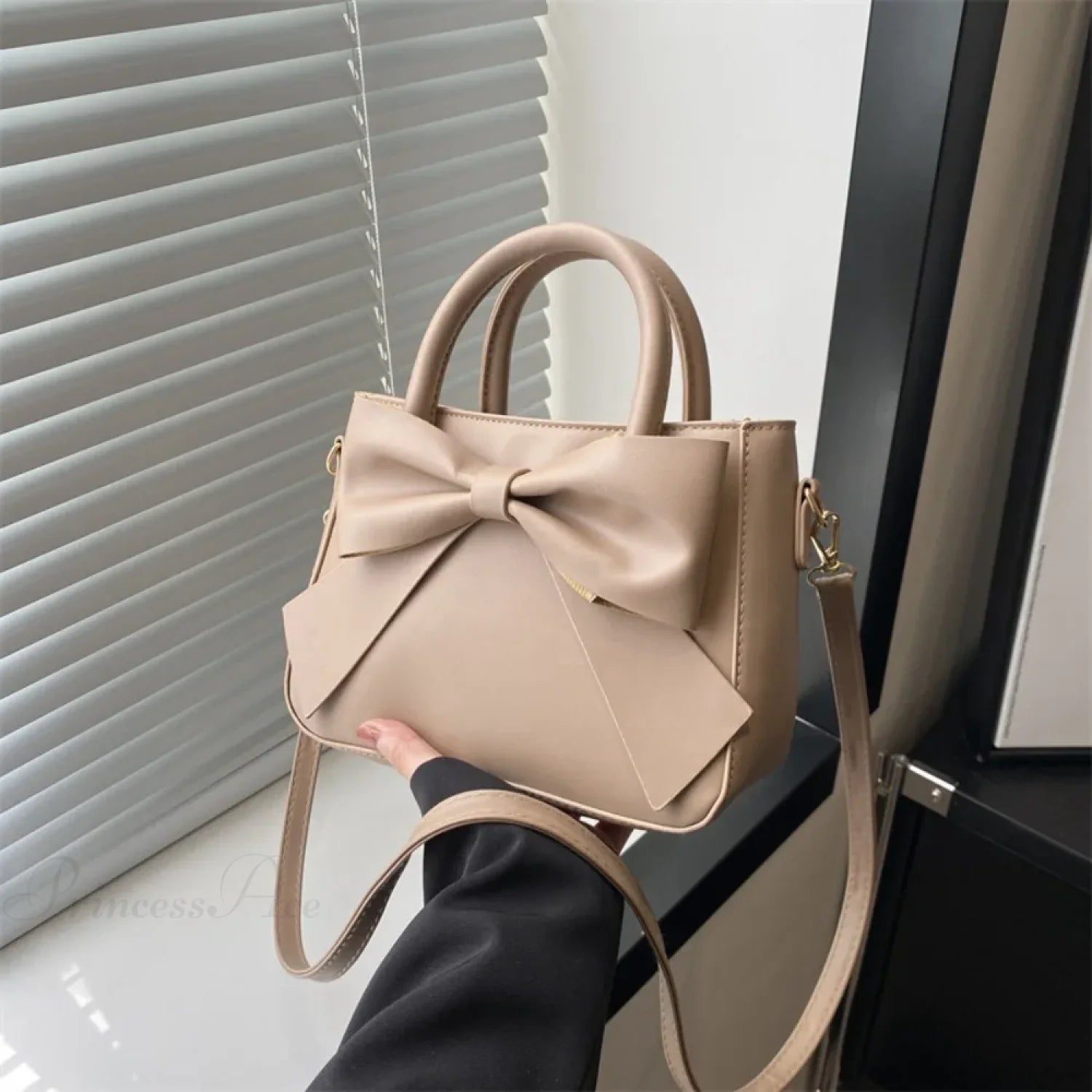 Bow PU Leather Solid Underarm Handbag Khaki handbag-250126