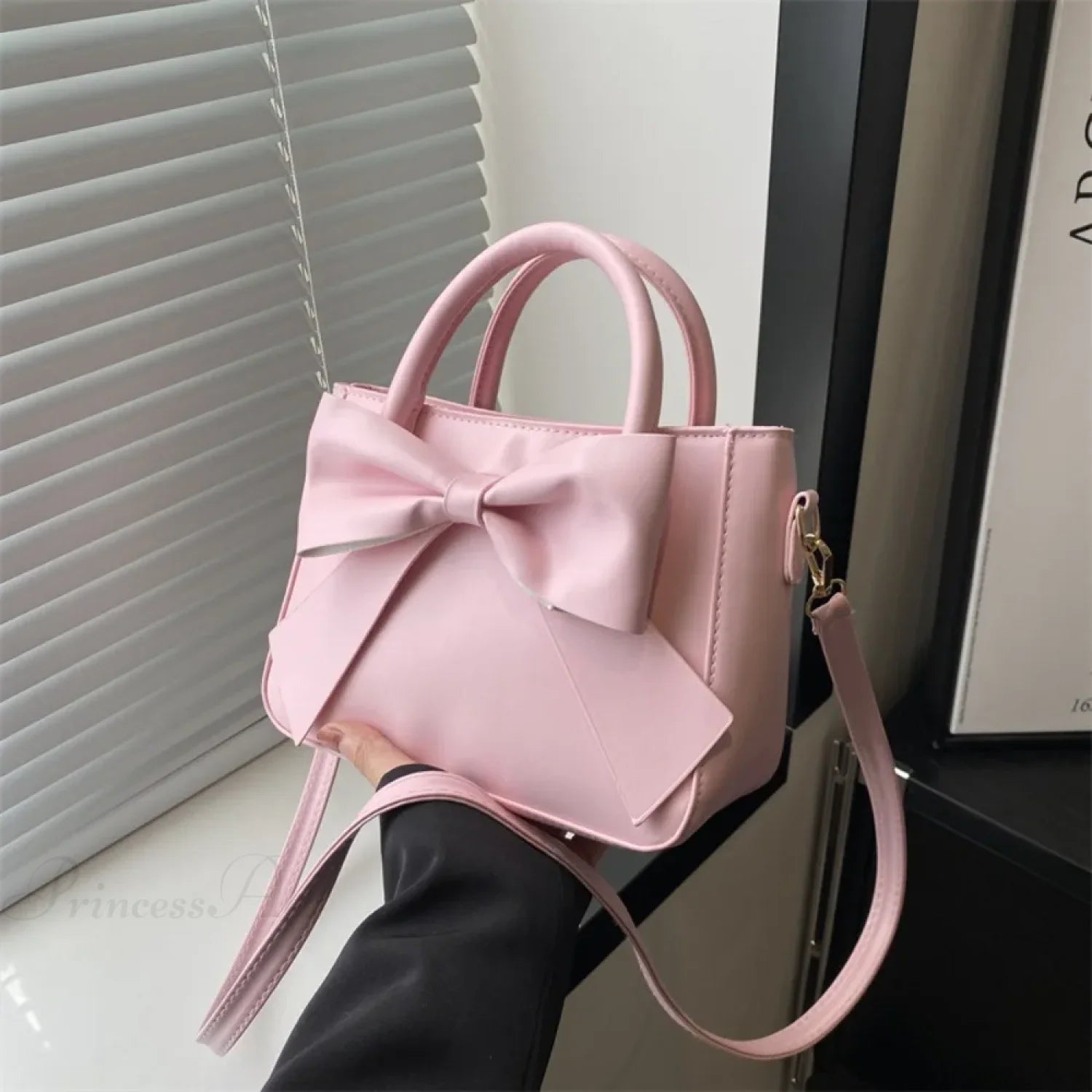Bow PU Leather Solid Underarm Handbag Pink handbag-250126
