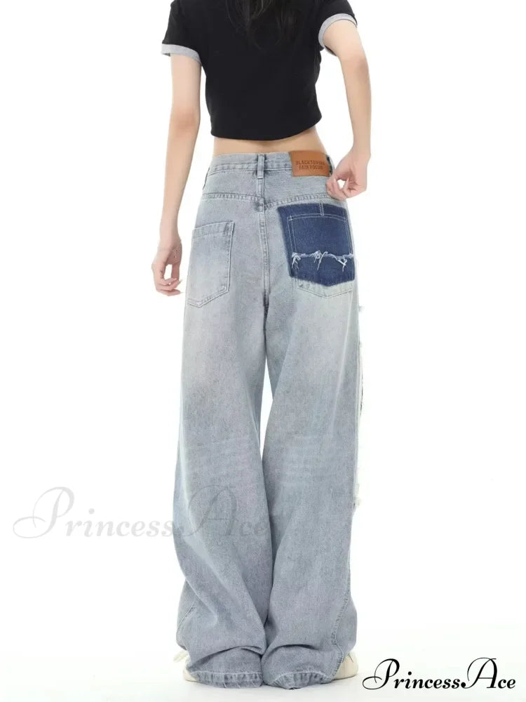 Broken Hole Patch Summer Crowd High Waist Loose Straight Leg Women’s Jean