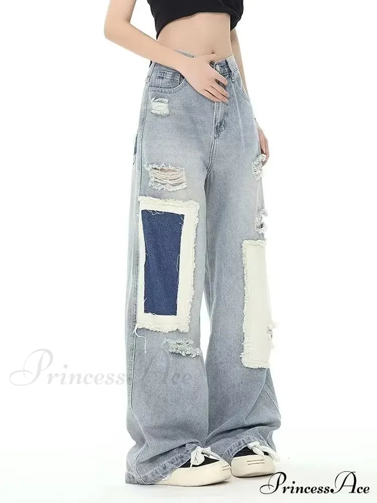 Broken Hole Patch Summer Crowd High Waist Loose Straight Leg Women’s Jean