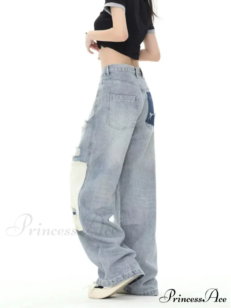 Broken Hole Patch Summer Crowd High Waist Loose Straight Leg Women’s Jean