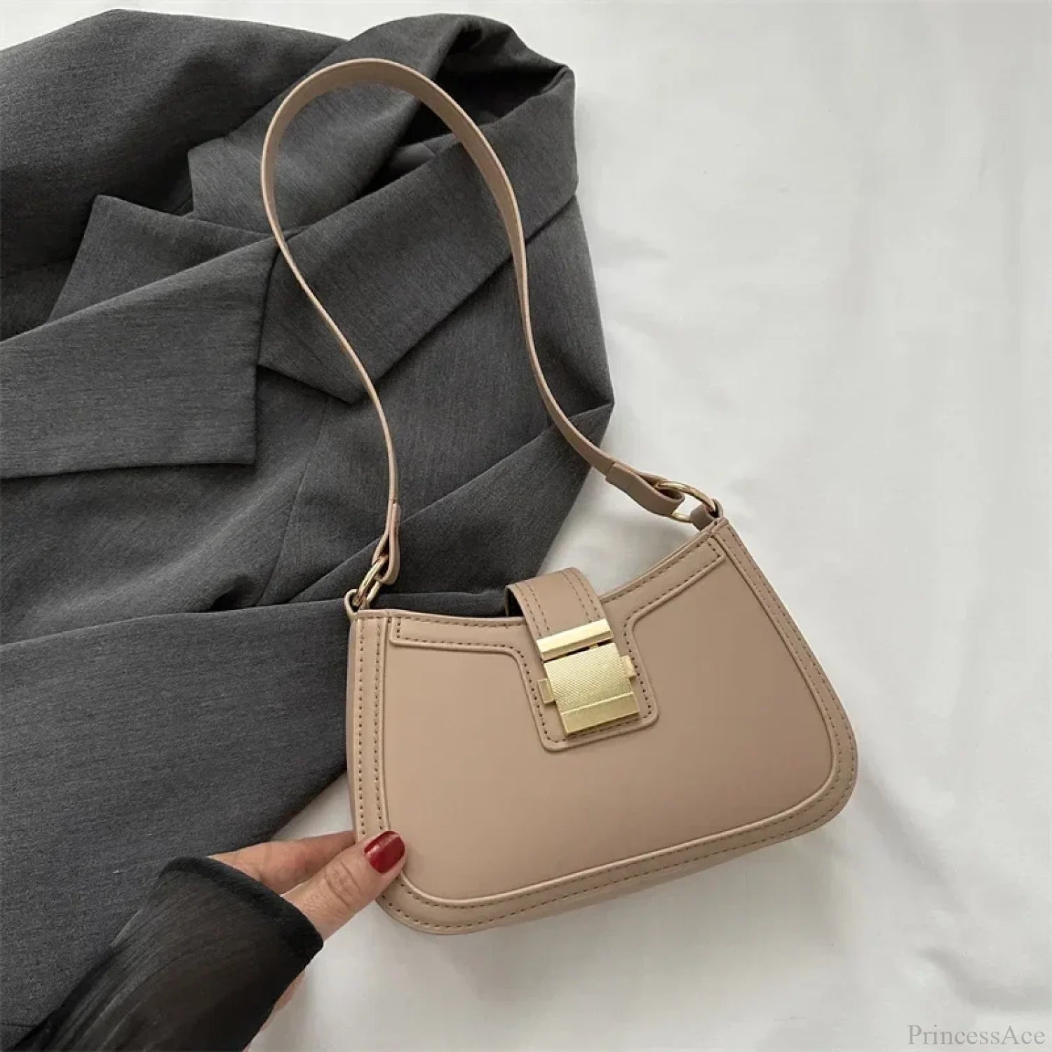 Brown Gold Buckle Vintage Shoulder Bag Khaki / 20.5x5.5x13cm shoulder-250126