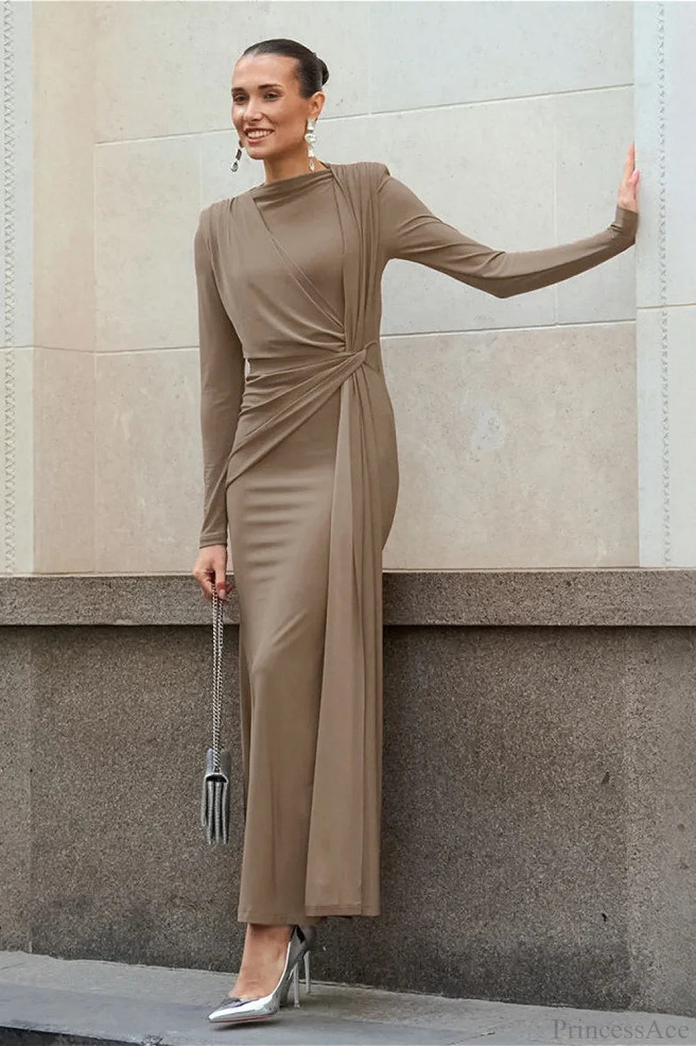 Brown Knit Round Neck Bodycon Maxi Dress Khaki / S
