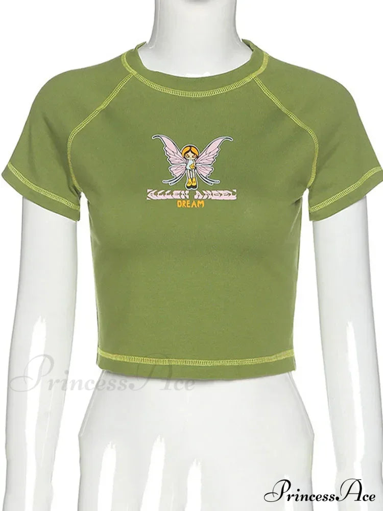 Butterfly Graphic Green Short Sleeve Vintage Tee Crop Top
