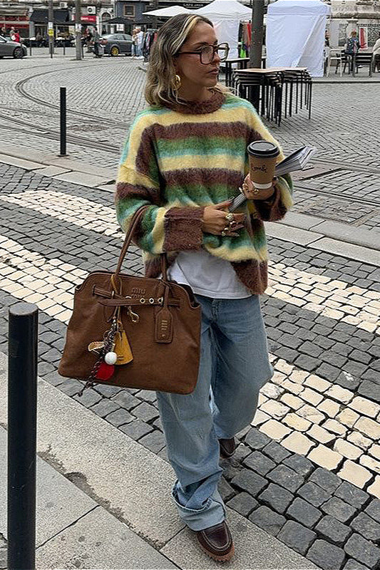 Slouchy Colorful Striped Crewneck Loose Knit Sweater