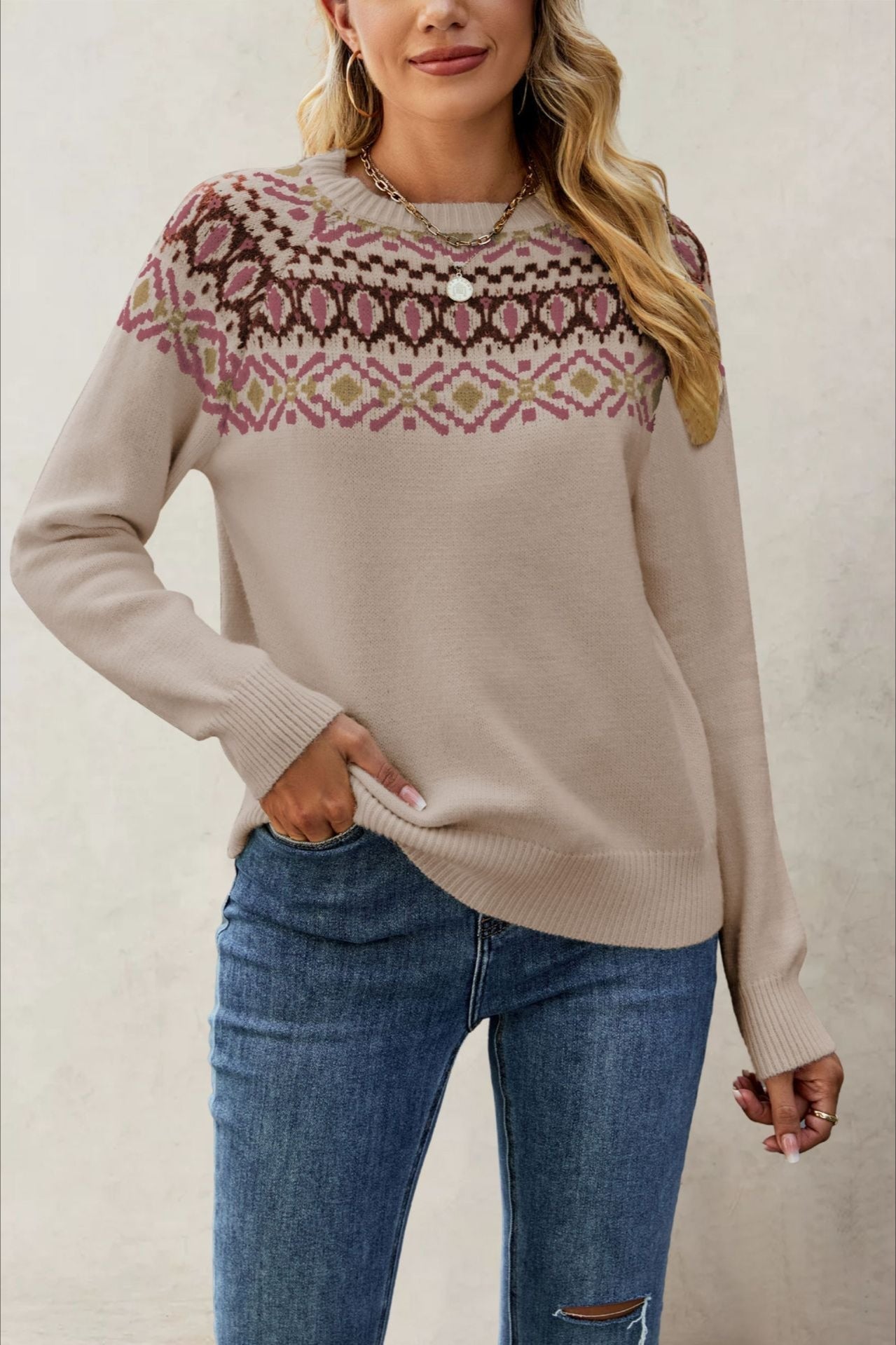 Jacquard Crew Neck Knit Pullover Sweater Khaki / S