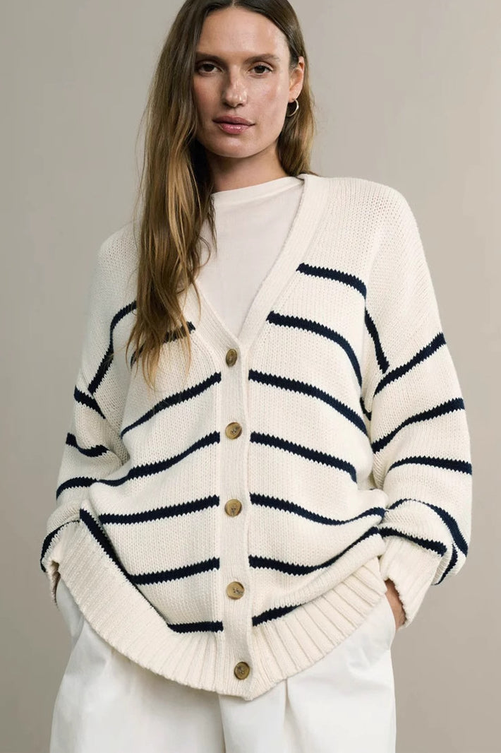 V Neck Striped Cotton Sweater S / White
