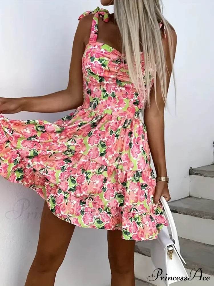 Cami Ruffle Spaghetti Design Gown Flowered With Hem Straps M / Pink Floral Mini A Line Dress