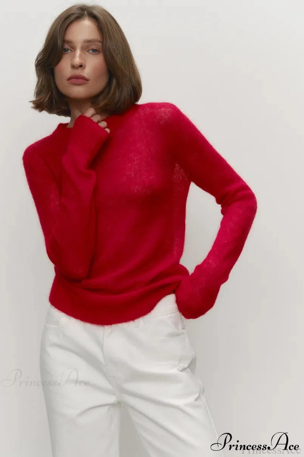 Candy Pastels Sheer Crew Neck Lightweight Knit Top Red / S