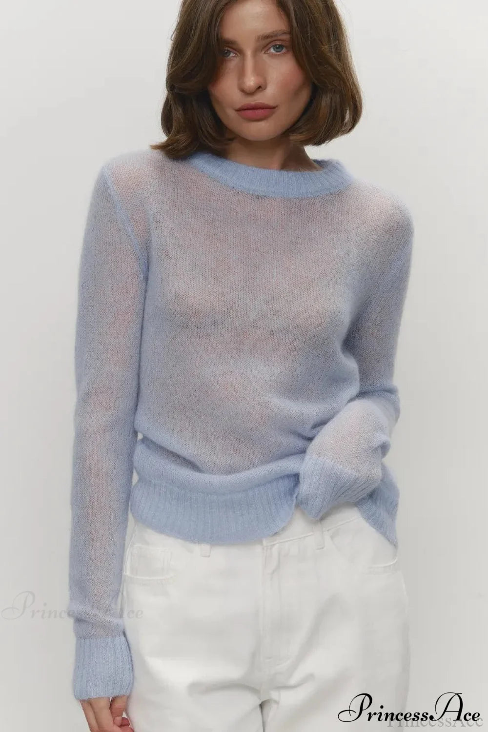 Candy Pastels Sheer Crew Neck Lightweight Knit Top Sky Blue / S