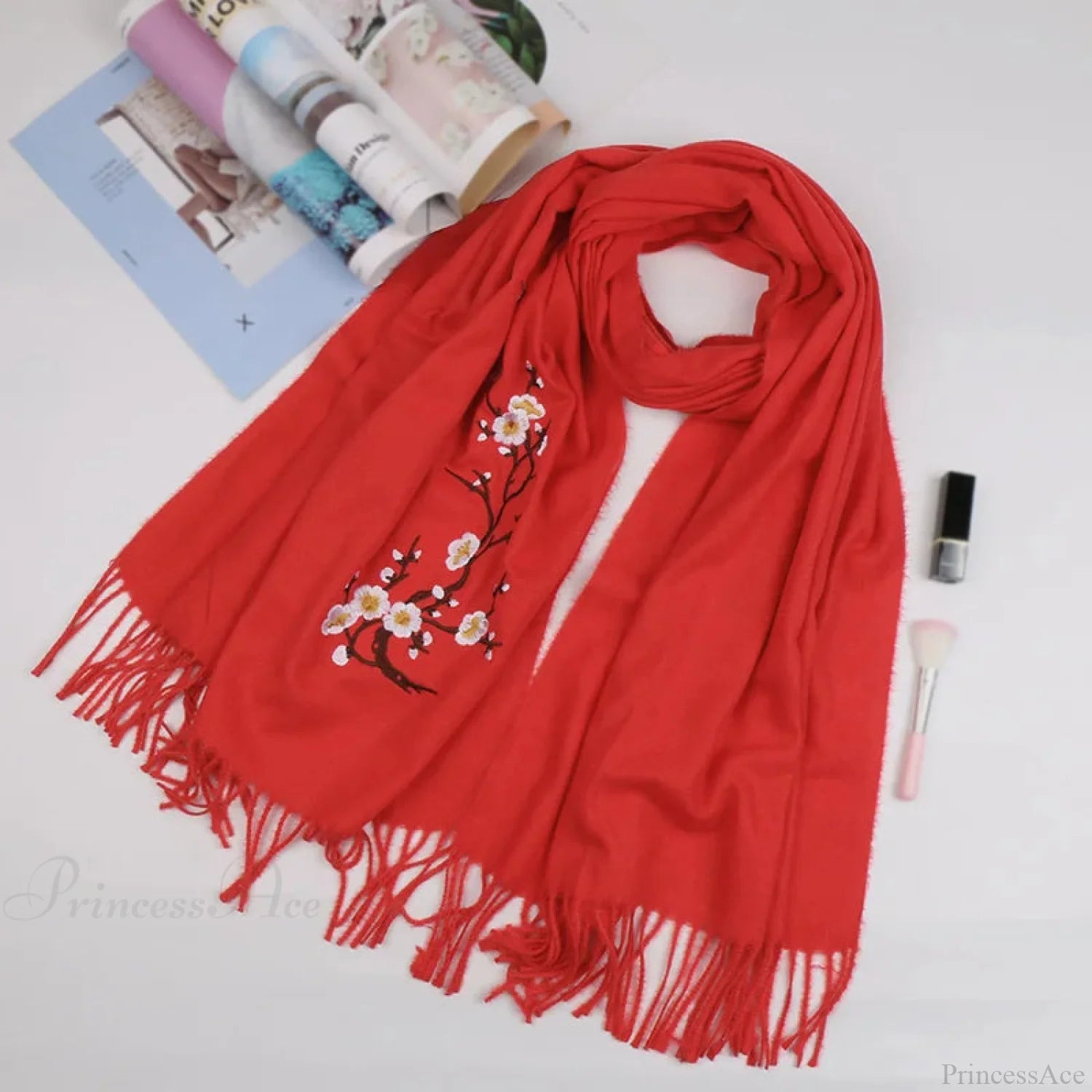 Cashmere Winter Flower Pashmina Shawl With Tassels Red Scarfs-L