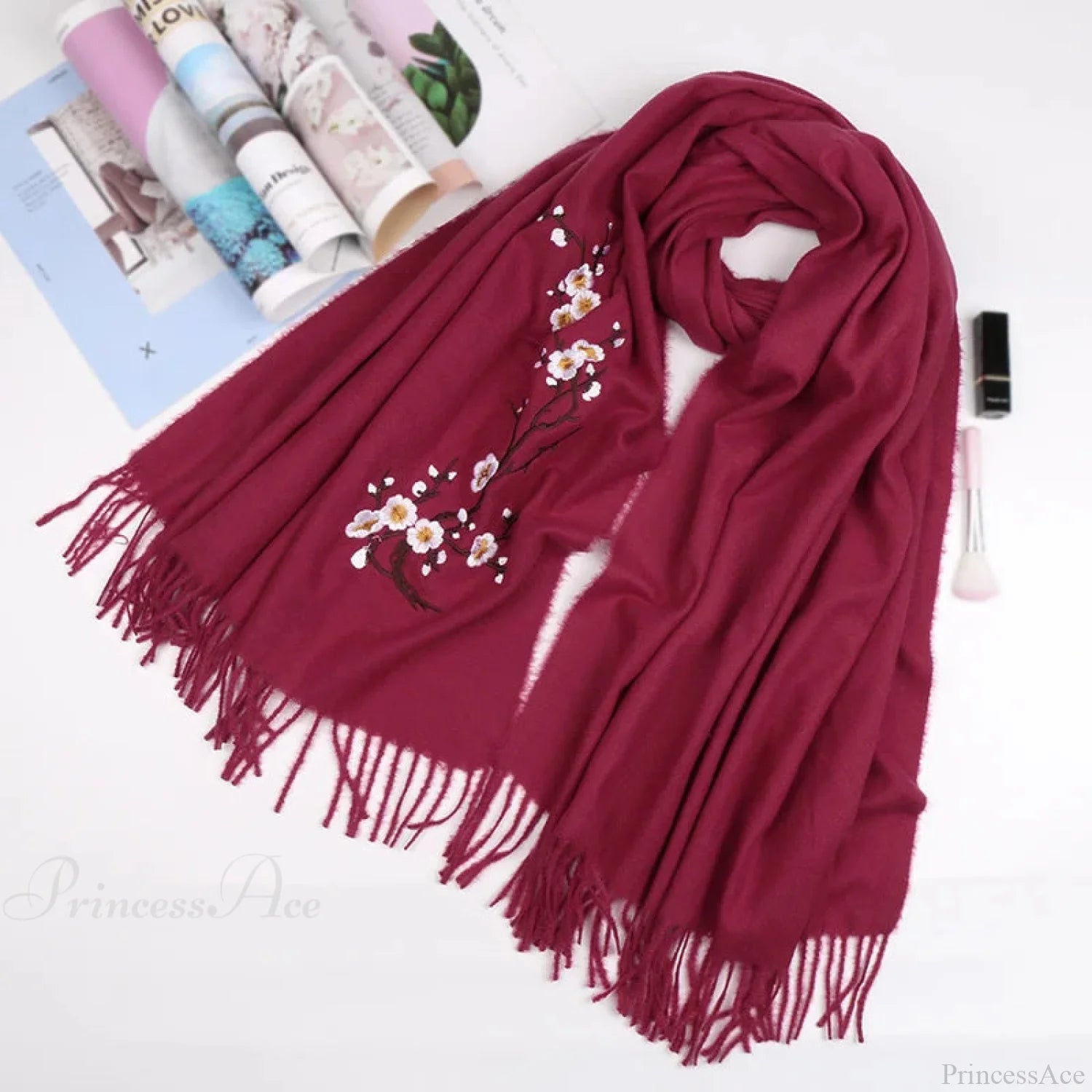 Cashmere Winter Flower Pashmina Shawl With Tassels Wine Red Scarfs-L
