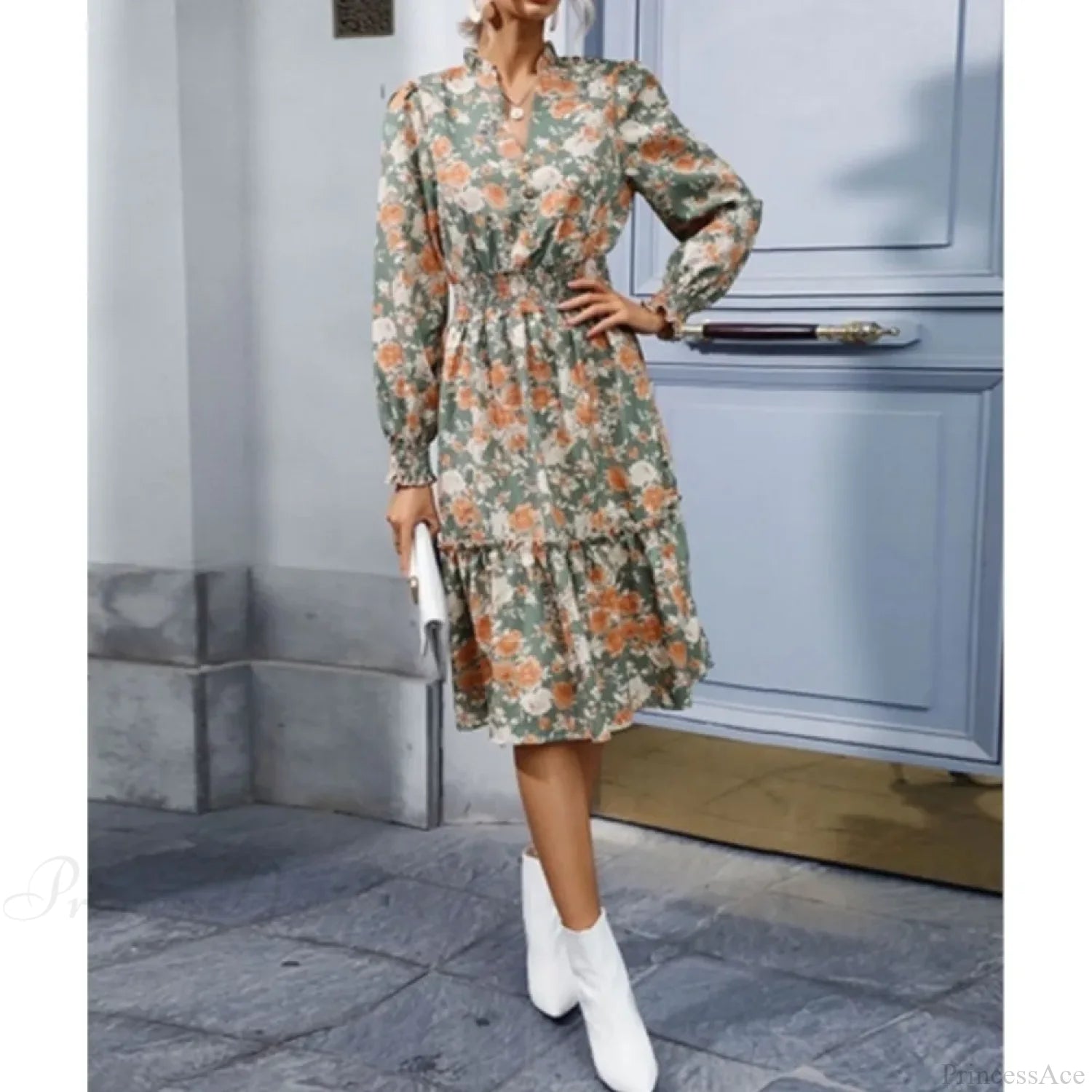 Casual A-line V-neck Floral Dress oldfloraldress-250126