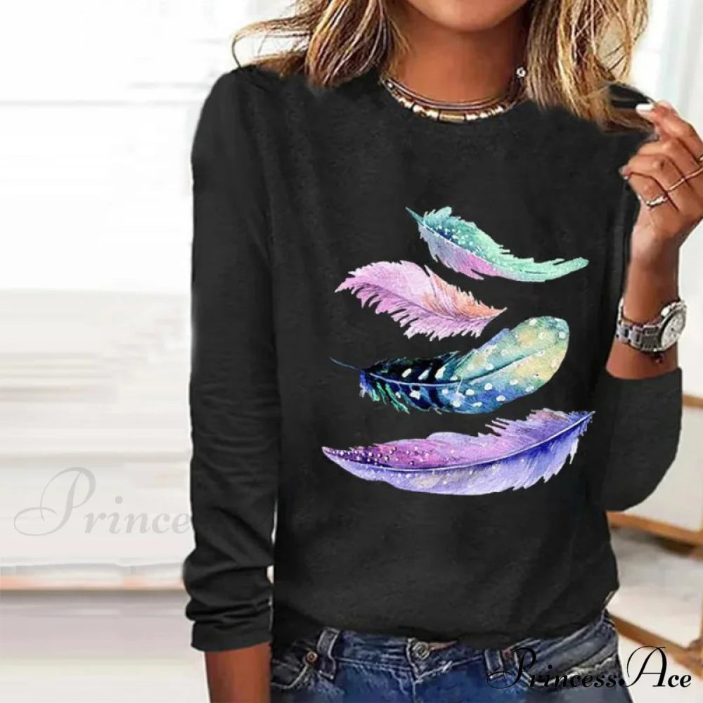 Casual Feather Design T-Shirt Blouses
