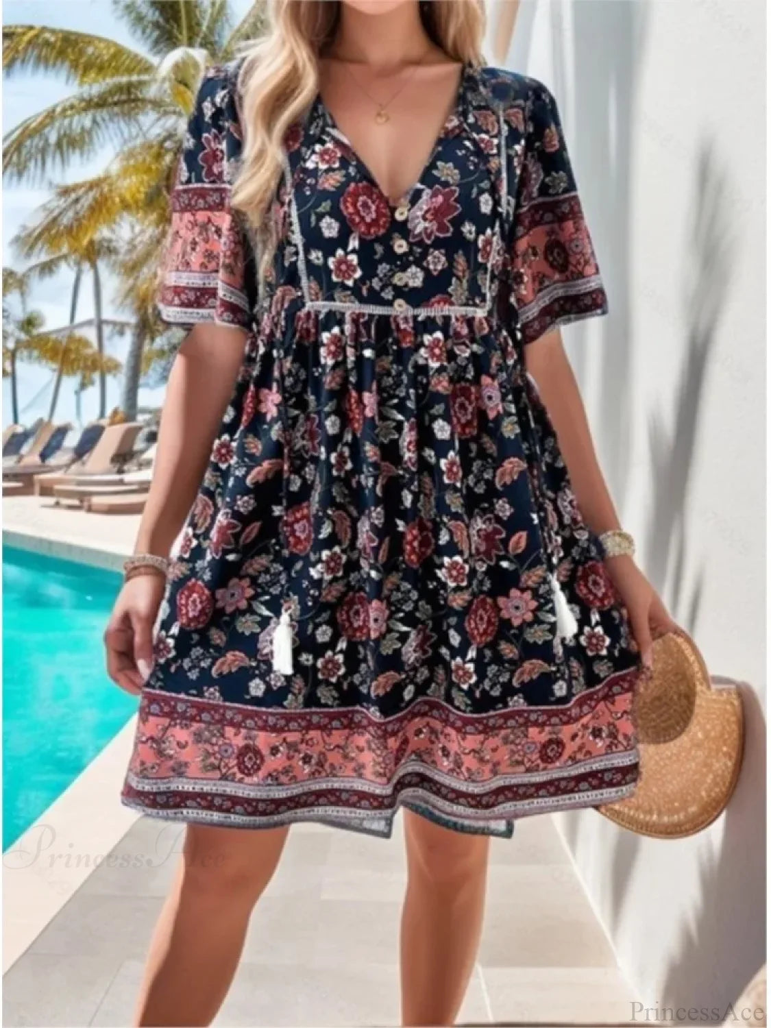 Casual Holiday Floral Print V-neck Short Sleeve Sundress oldfloraldress-250126