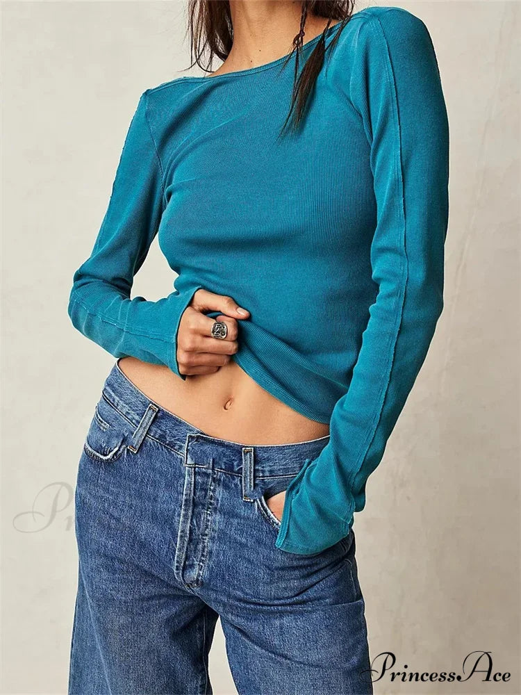 Casual Ribbed Long Sleeve Solid Slim Fit Backless T-Shirts Blue / S