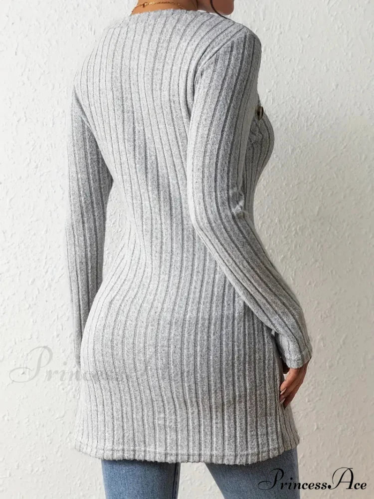 Casual Ribbed Long Sleeve Top Dress With Asymmetrical Hem M / Steel Blue Long Sleeve Sweater Dress