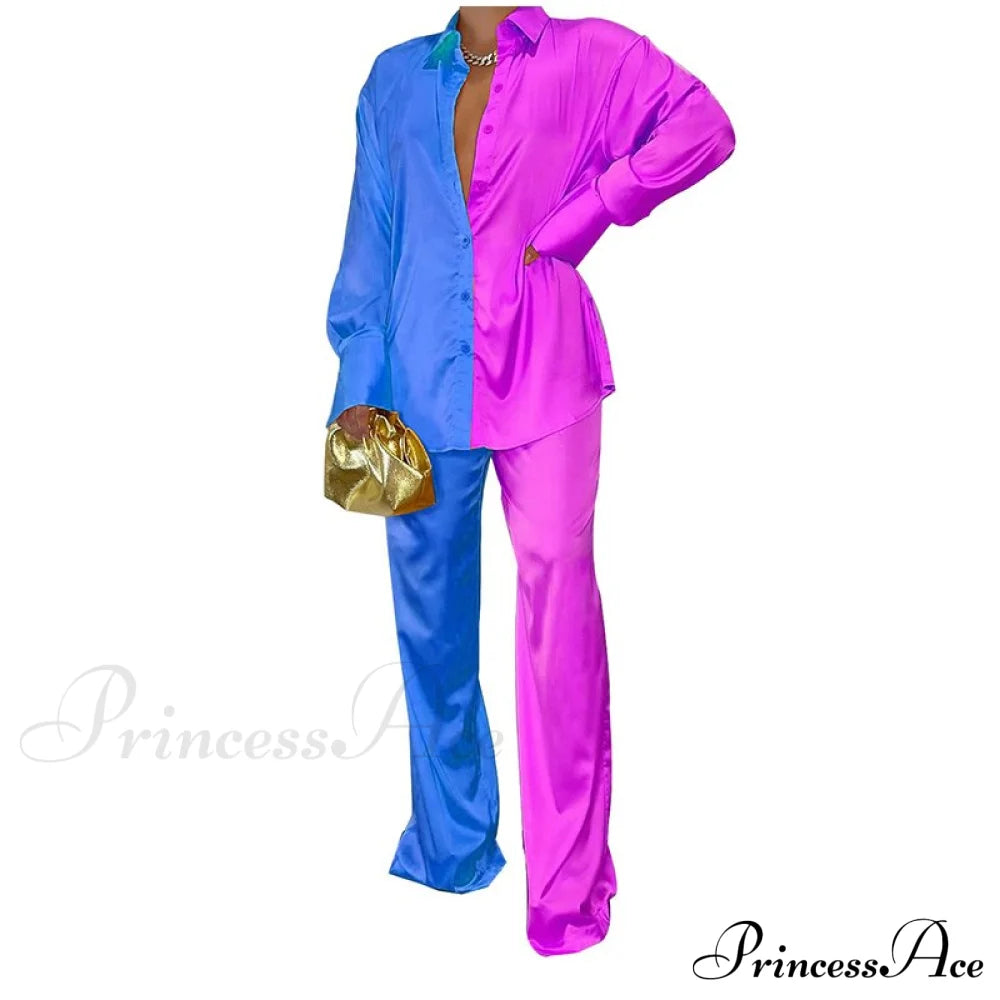 Casual - Set Elegant Women’s Long And With Outfit Wide Solid Two Piece Arm Blouse Leg Loose Satin