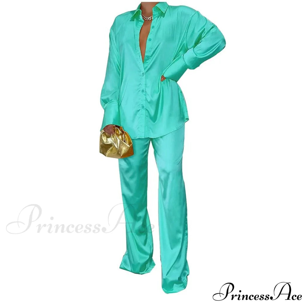 Casual - Set Elegant Women’s Long And With Outfit Wide Solid Two Piece Arm Blouse Leg Loose Satin