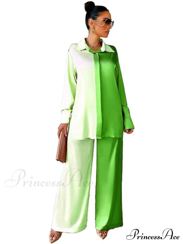 Casual - Set Elegant Women’s Long And With Outfit Wide Solid Two Piece Arm Blouse Leg Loose Satin