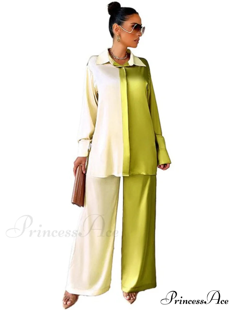 Casual - Set Elegant Women’s Long And With Outfit Wide Solid Two Piece Arm Blouse Leg Loose Satin