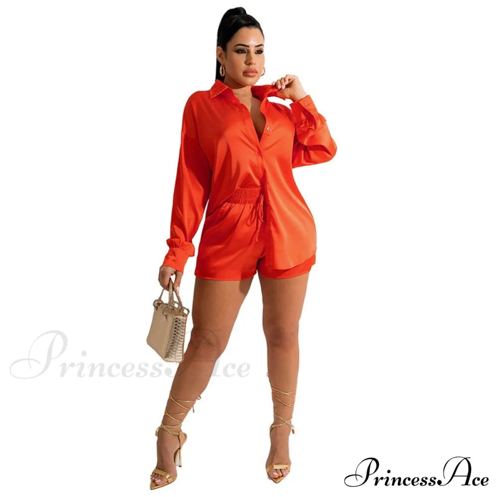 Casual - Set Elegant Women’s Long And With Outfit Wide Solid Two Piece Arm Blouse Leg Loose Satin