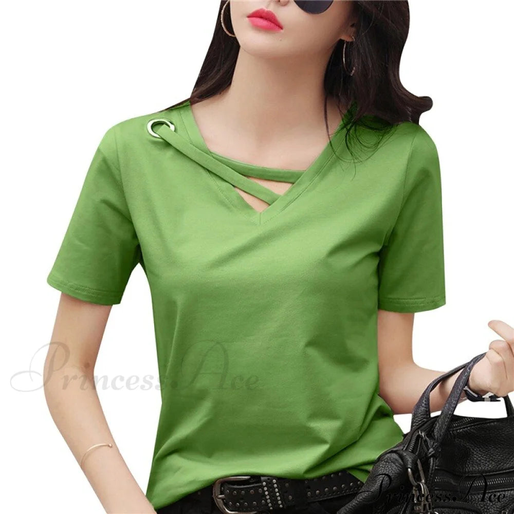 Casual Solid Color Short Sleeve V Neck T-Shirt D Green / S