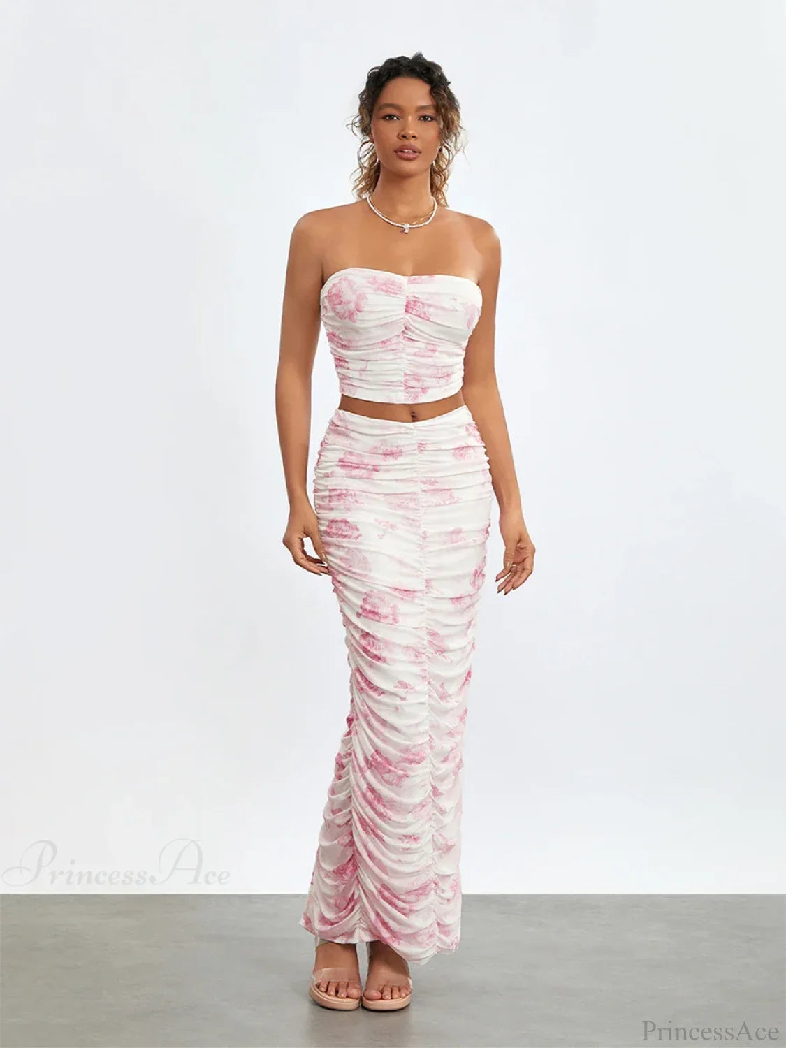 Chic Off-Shoulder Tube Top Wrap Long Floral Skirt Set floraldress-250126