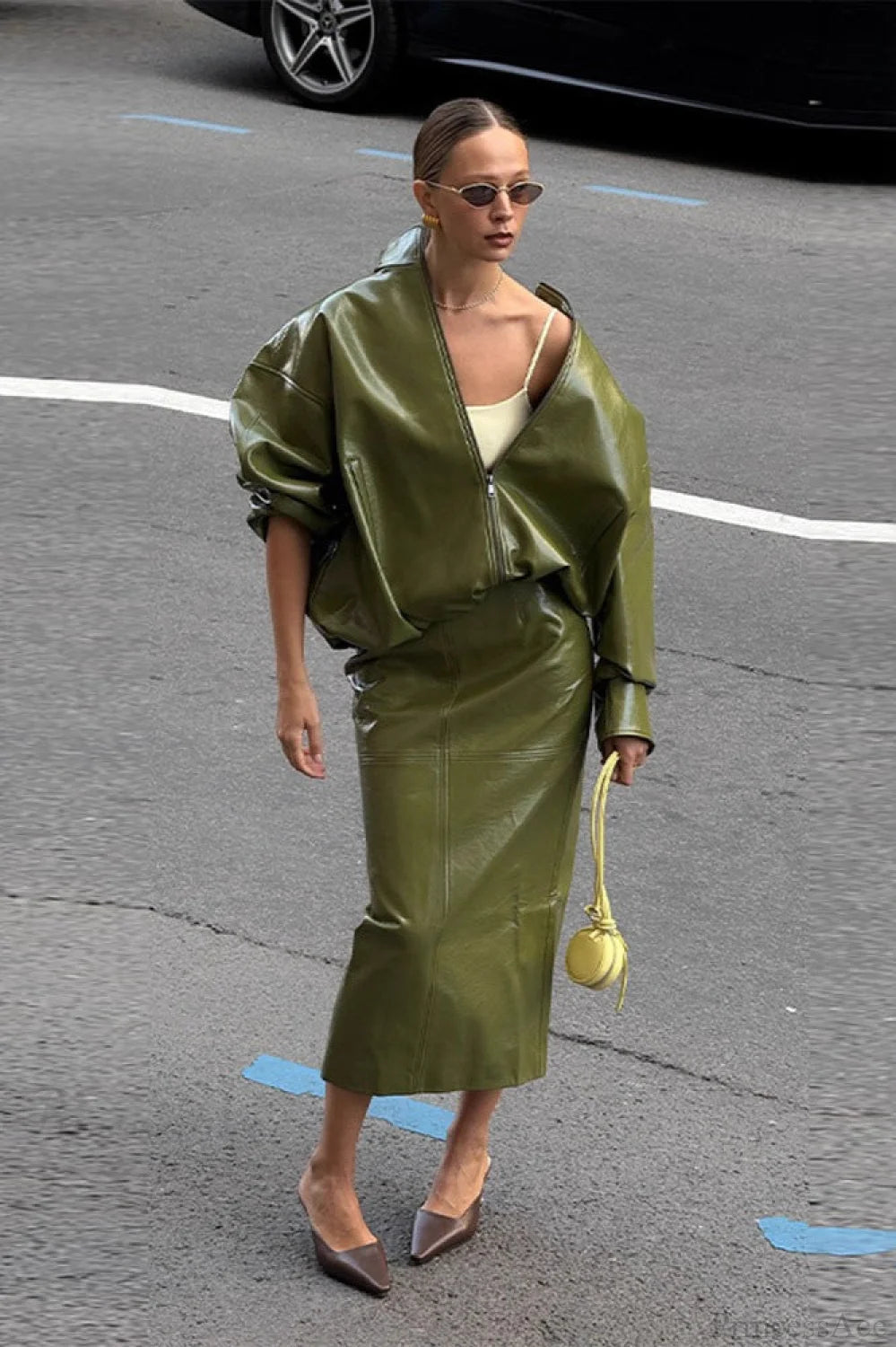 Chic Solid Patent Leather Stand Collar Jacket Skirt Two Piece Set