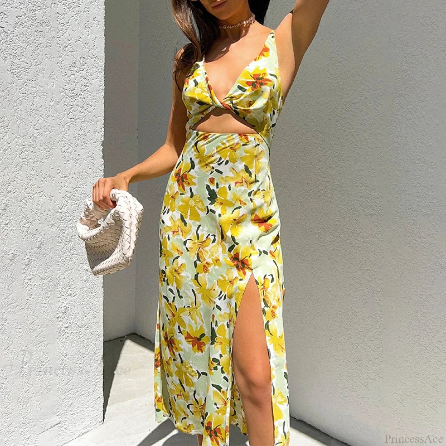 Chic Yellow Flowers Print Twist Knot Cutout Midi Floral Dress floraldress-250126