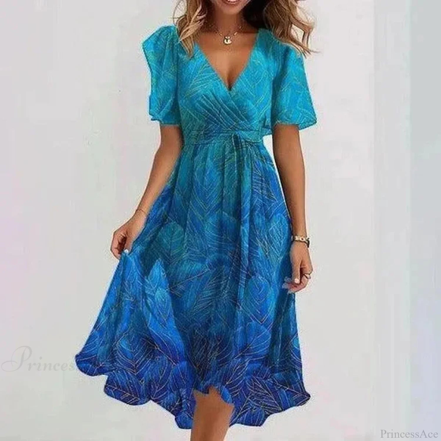 Chiffon Floral Print V-neck Dress GRADIENT BLUE / S oldfloraldress-250126