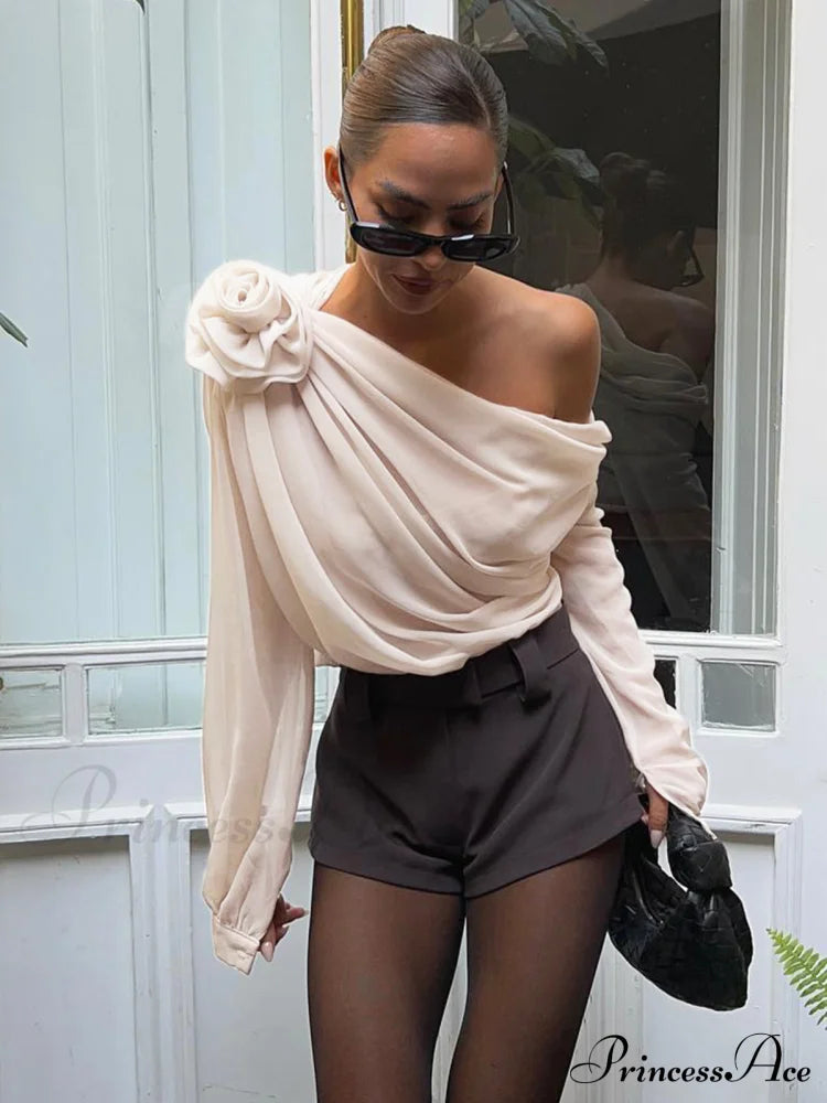 Chiffon Semi-Sheer One Trendy Shoulder Asymmetrical Top Apricot / Xs Shirts