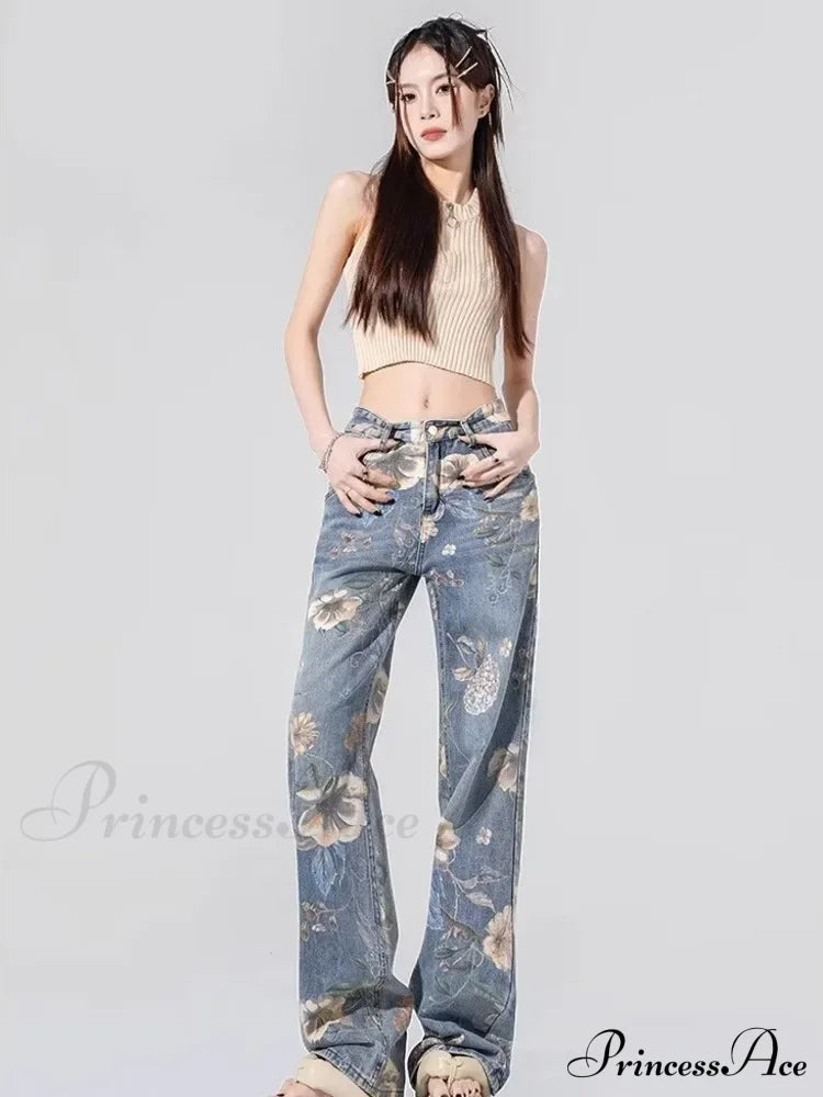 Children’s High Waist Straight Tube Loose Wide Leg Trendy Spliced With Old Zippers Jean