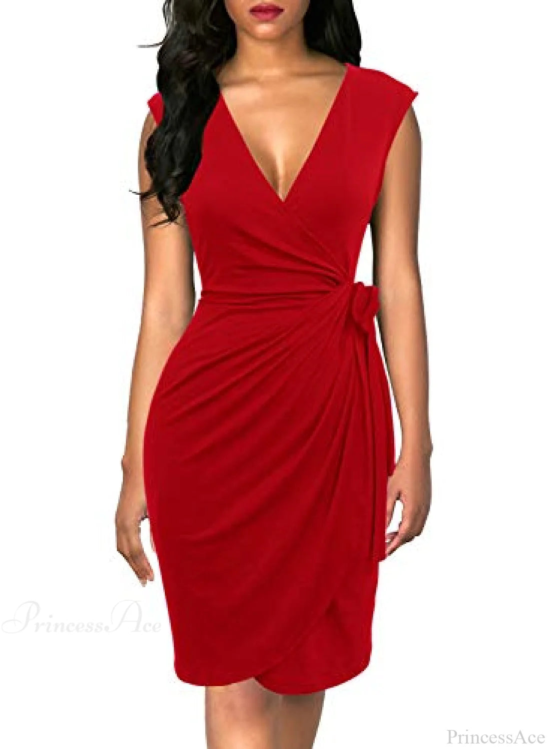 Christmas Vintage V-Neck Sheath Faux Black Wrap Dress Red / Large