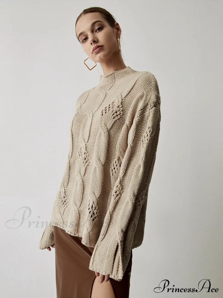 Chunky Cable Knit Trendy Mock Neck Sweater Sweaters-L